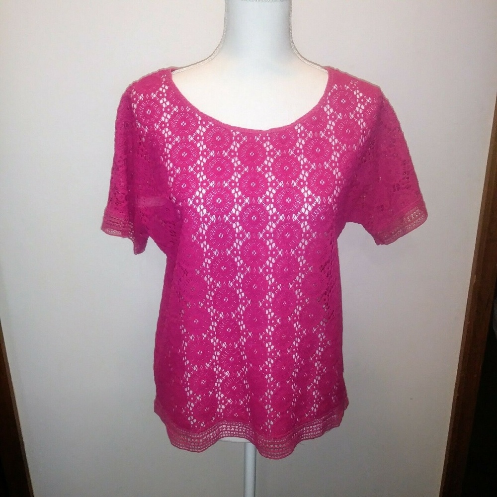 Chico's Pink Crochet Short Sleeve Top Sz 1 Sm/Med